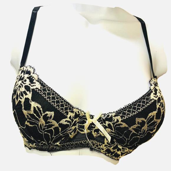 Rene Rofa Bra Used Underwire Padded 34B Black Beige Floral Lace Pushup Sexy - Picture 1 of 12